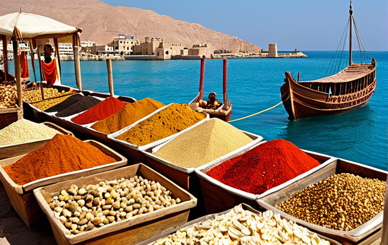 **Prompt 1: Aksumite Maritime Powerhouse**
A vibrant, panoramic view of the ancient Aksumite port city of Adulis at its zenith. The Red Sea is bustling with large, robust Aksumite ships, some docked and being loaded, others sailing gracefully. The docks are teeming with merchants and traders from various cultures – Roman, Persian, Indian, and local Aksumites – engaged in lively commerce. Piles of exotic goods such as shimmering gold, large ivory tusks, fragrant frankincense, and colorful spices are visible. The scene should emphasize the strategic control, immense wealth, and global interconnectedness of Aksum, with bright, historical lighting.