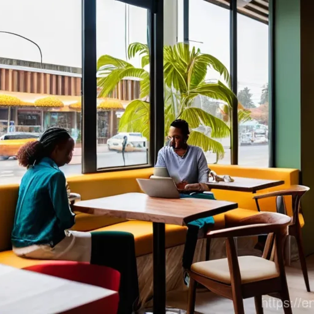 아디스아바바 숙박 추천 - **Prompt:** A vibrant, contemporary coffee shop scene in the Bole district of Addis Ababa. The cafe ...