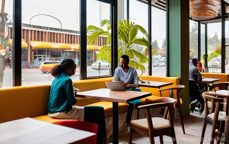 아디스아바바 숙박 추천 - **Prompt:** A vibrant, contemporary coffee shop scene in the Bole district of Addis Ababa. The cafe ...