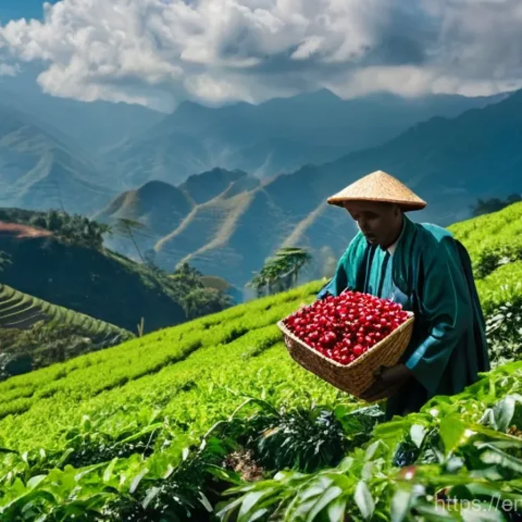 에티오피아 커피 로스팅 팁 - **Prompt:** A vibrant, sun-drenched scene on an Ethiopian coffee farm in the Sidama region. Lush gre...
