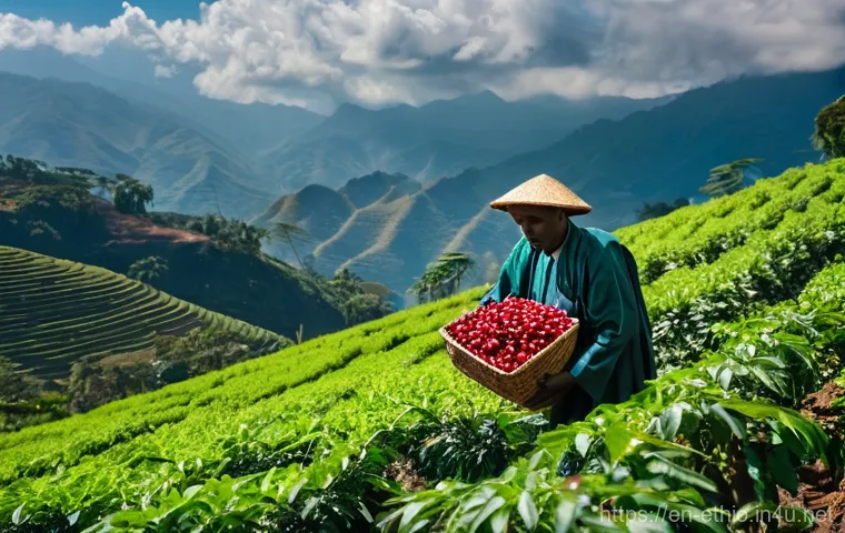 에티오피아 커피 로스팅 팁 - **Prompt:** A vibrant, sun-drenched scene on an Ethiopian coffee farm in the Sidama region. Lush gre...