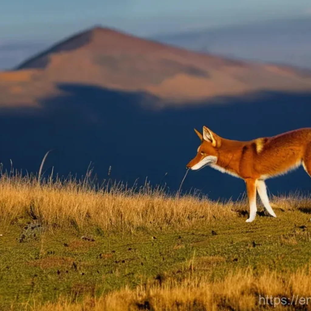 에티오피아 초원 생태계 탐구 - **Prompt:** A majestic Ethiopian wolf, with its striking russet coat and slender build, stands vigil...