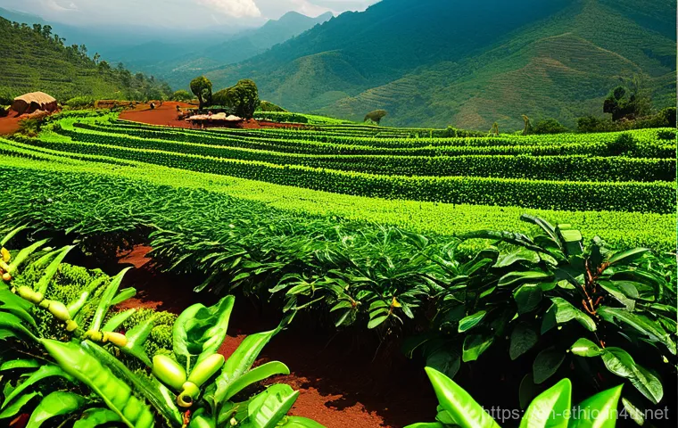 에티오피아 커피 시장 동향 - **Prompt:** A dynamic and vibrant scene capturing the essence of Ethiopia's record-breaking coffee e...