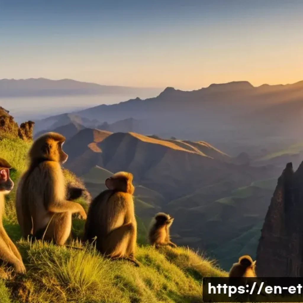 에티오피아 여행 중 놓치기 쉬운 명소 - **Prompt:** "A panoramic view of the Simien Mountains, Ethiopia, at sunrise. Jagged peaks are bathed...