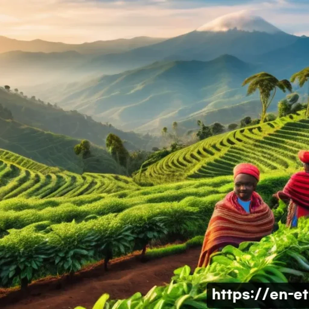 에티오피아의 주요 수출 품목 - A vibrant Ethiopian coffee farm scene during sunrise, featuring smallholder farmers wearing traditio...