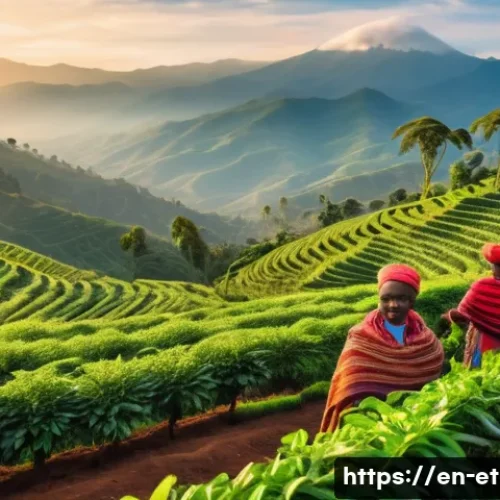 에티오피아의 주요 수출 품목 - A vibrant Ethiopian coffee farm scene during sunrise, featuring smallholder farmers wearing traditio...