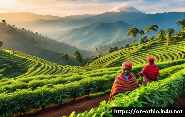 에티오피아의 주요 수출 품목 - A vibrant Ethiopian coffee farm scene during sunrise, featuring smallholder farmers wearing traditio...