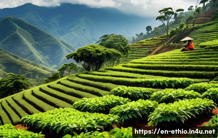 에티오피아 커피의 산지별 차이점 - A vibrant high-altitude Ethiopian coffee farm scene set in the lush Sidamo region, showcasing terrac...