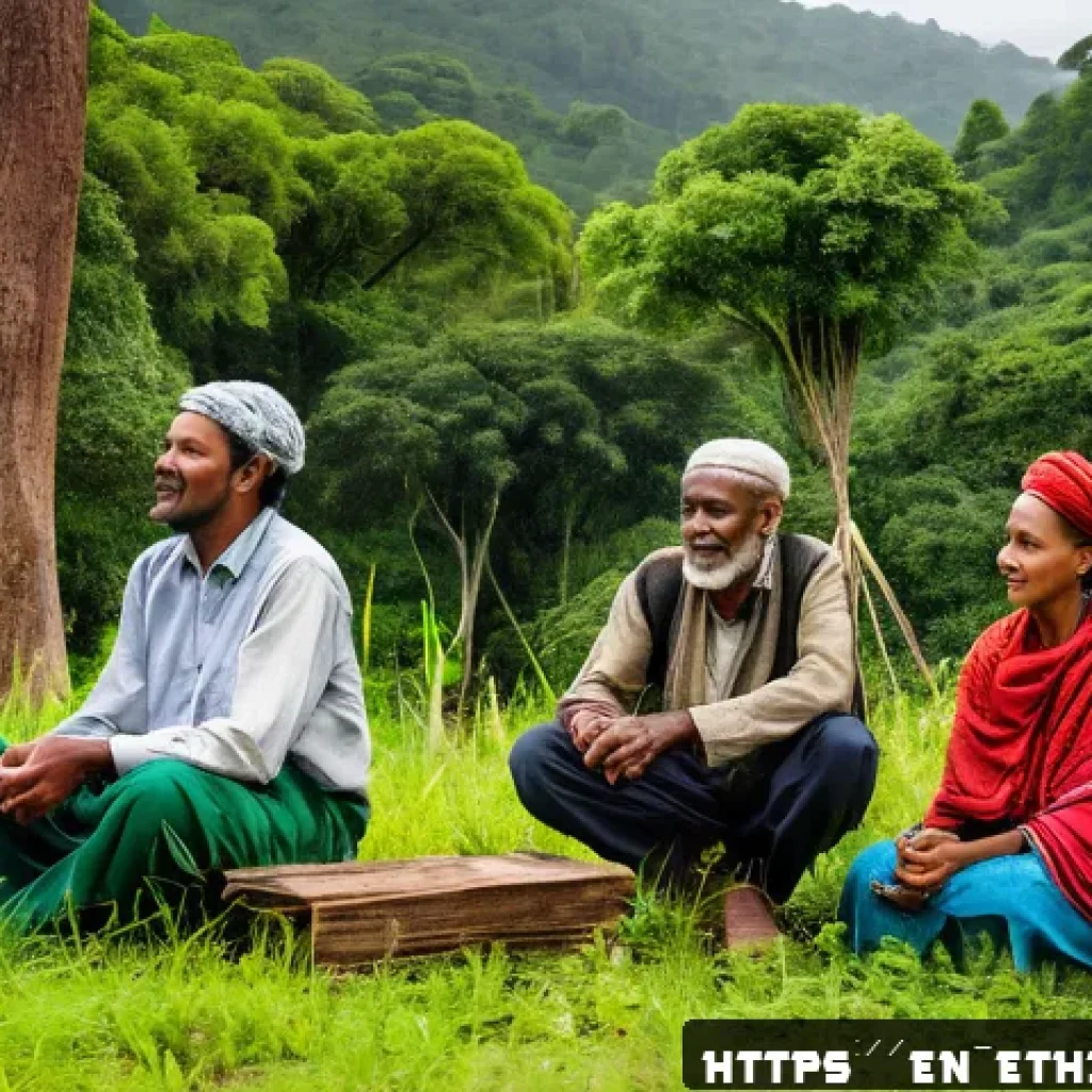 에티오피아 산림 보호 활동 - A vibrant scene of Ethiopian local community members, including men and women of various ages dresse...