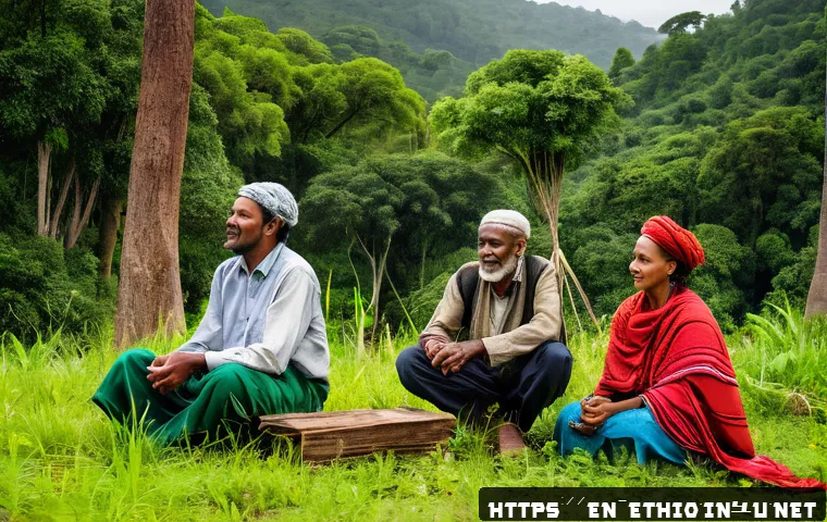 에티오피아 산림 보호 활동 - A vibrant scene of Ethiopian local community members, including men and women of various ages dresse...