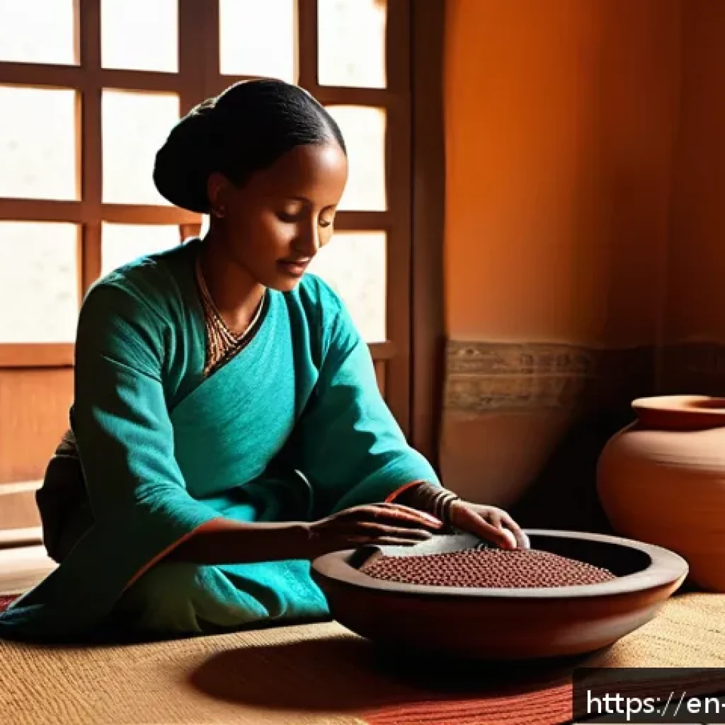 에티오피아 전통 커피 문화 - A warm, intimate Ethiopian coffee ceremony scene inside a traditional home, featuring a female host ...