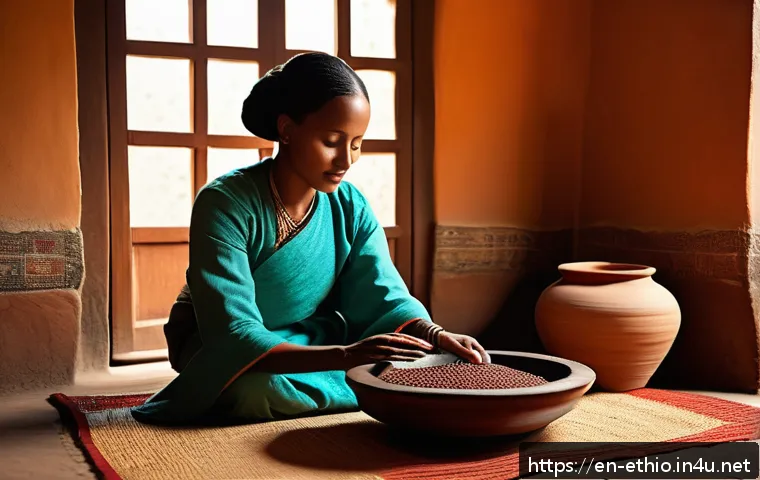 에티오피아 전통 커피 문화 - A warm, intimate Ethiopian coffee ceremony scene inside a traditional home, featuring a female host ...