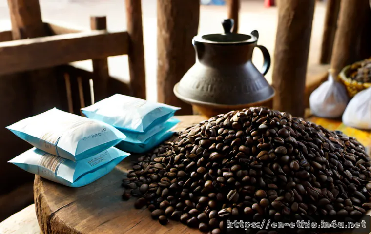 에티오피아의 특산품 및 구매 가이드 - Photorealistic Ethiopian specialty coffee buying scene, a neatly arranged selection of roasted coffe...
