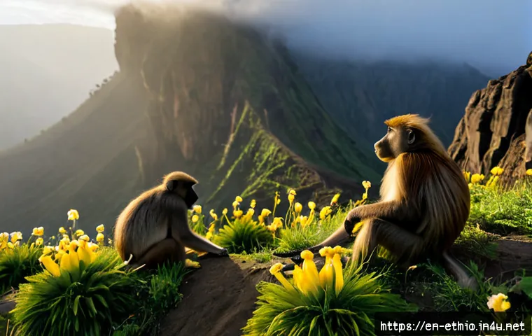 에티오피아 고원 지역의 동식물 - Photorealistic Ethiopian Highlands landscape at dawn, a gelada baboon family resting on a grassy esc...