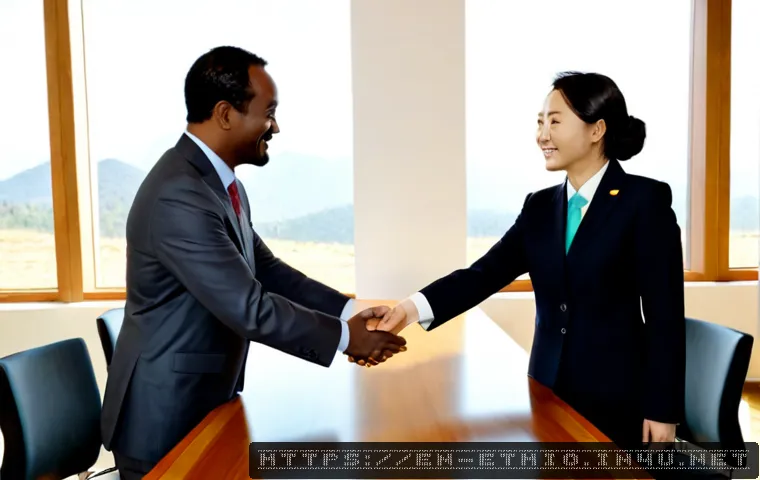 에티오피아와 한 에티오피아 관계 - Photorealistic diplomatic meeting between Ethiopian and South Korean representatives in a bright mod...